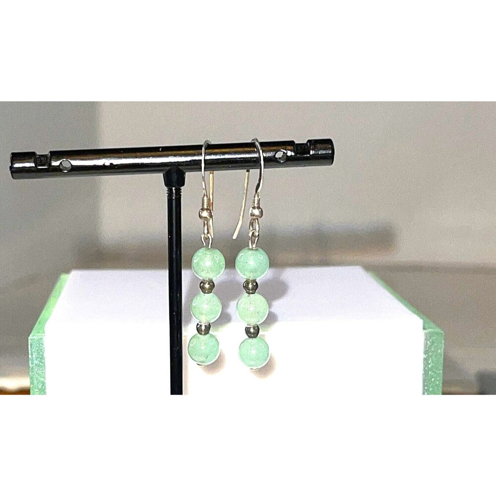 Jadeite 3 Stone Earrings On Silver Hook Wires Pale Green 1 3/4” Dangle Drop